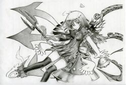 Rule 34 | 1girl, asymmetrical wings, bow, bowtie, breasts, closed mouth, commentary request, dress, feathers, foot out of frame, footwear bow, frilled dress, frills, graphite (medium), greyscale, hair between eyes, hiddenn, holding, holding polearm, holding weapon, houjuu nue, looking at viewer, medium bangs, monochrome, polearm, shoes, short hair, short sleeves, simple background, small breasts, smile, snake, solo, split mouth, thighhighs, touhou, traditional media, trident, ufo, weapon, wings