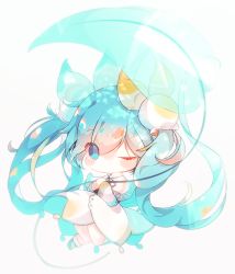 Rule 34 | 1girl, aqua eyes, aqua hair, blush, capelet, chibi, commentary, dress, flower, full body, fuyuzuki gato, gold trim, hair flower, hair ornament, hatsune miku, highres, holding, holding leaf, leaf, leaf umbrella, light smile, lily of the valley, long hair, looking at viewer, one eye closed, solo, twintails, very long hair, vocaloid, white background, white capelet, white dress, yuki miku, yuki miku (2015)