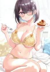 1girl :t absurdres blush bra breasts brown_hair food glasses highres holding holding_food indoors large_breasts motsunuki navel non-web_source original panties pillow pink_eyes plate plump pout pudding short_hair sitting spoon stomach thick_thighs thighs underwear underwear_only yellow_bra yellow_panties