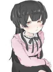 Rule 34 | 1girl, annoyed, arm on thigh, black hair, black ribbon, black skirt, blunt bangs, blunt ends, blush, breasts, buttons, feet out of frame, frilled shirt, frilled shirt collar, frilled sleeves, frills, idolmaster, idolmaster shiny colors, long hair, long sleeves, looking at viewer, mayuzumi fuyuko, medium breasts, multicolored shirt, neck ribbon, orange eyes, pink shirt, pout, ribbon, shirt, sidelocks, sitting, skirt, solo, tazkiyowa, two side up, white background, white shirt