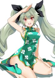 Rule 34 | 1girl, anchovy (girls und panzer), bare shoulders, blaze (blazeillust), blush, breasts, china dress, chinese clothes, dress, girls und panzer, green dress, green hair, hair ribbon, high heels, highres, long hair, looking at viewer, medium breasts, open mouth, red eyes, ribbon, salute, simple background, sitting, smile, solo, thighs, twintails
