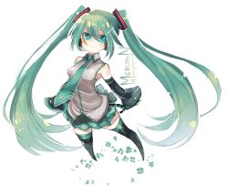 Rule 34 | 1girl, aqua eyes, aqua hair, artist name, black thighhighs, boots, detached sleeves, hatsune miku, long hair, looking at viewer, melonenbrot, necktie, skirt, sleeveless, smile, solo, thigh boots, thighhighs, twintails, very long hair, vocaloid