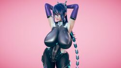 Rule 34 | 1girl, 3d, arms up, backboob, black bodysuit, black hair, blue hair, blush, bodysuit, breasts, chain, chain whip, covered erect nipples, detached sleeves, eyeshadow, highres, huge breasts, lipstick, long hair, looking at viewer, makeup, mascara, nail polish, nipples, non-web source, noone, ponytail, red eyes, red lips, red nails, smile, solo, standing, taimanin (series), uehara rin
