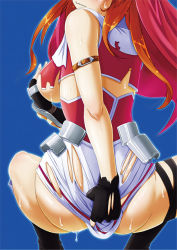 Rule 34 | 10s, 1girl, ass, blush, breasts, chantez apinion, clothes pull, covering privates, covering ass, covering breasts, head out of frame, lyrical nanoha, mahou shoujo lyrical nanoha, mahou shoujo lyrical nanoha vivid, no panties, orange hair, skirt, skirt pull, solo, spread legs, squatting, sweat, tappa (esperanza), torn clothes, torn skirt, underboob, wavy mouth