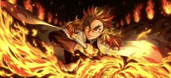 Rule 34 | 1boy, black background, blonde hair, cape, colored tips, commentary, demon slayer uniform, fingernails, fire, flame print, forked eyebrows, furrowed brow, half updo, hands up, haruki sugiura, highres, holding, holding sword, holding weapon, katana, kimetsu no yaiba, light particles, long sleeves, looking away, male focus, medium hair, multicolored hair, parted lips, red hair, rengoku kyoujurou, smile, solo, streaked hair, sword, unsheathed, upper body, weapon, white cape