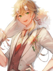 Rule 34 | 1boy, :d, alternate costume, ayacho mato, blonde hair, bouquet, boutonniere, collared shirt, crossed bangs, earrings, fake horns, flower, formal, gem, genshin impact, green eyes, hair between eyes, hair over shoulder, hand on own hip, hand up, headband, highres, holding, holding bouquet, horned headwear, horns, jacket, jewelry, long hair, looking at viewer, male focus, necktie, open clothes, open jacket, open mouth, orange flower, ponytail, red necktie, red vest, shirt, smile, suit, teeth, thoma (genshin impact), upper body, upper teeth only, vest, white background, white jacket, white shirt