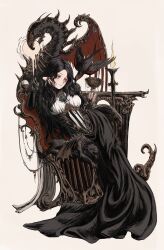Rule 34 | 1girl, absurdres, bird, black dress, black hair, candle, candlelight, crow, dress, full body, gold can, grey eyes, hand up, highres, holding cup, leaning to the side, long sleeves, original, shirt, simple background, sitting, solo, throne, white shirt