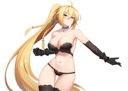 Rule 34 | 1girl, ahoge, bare shoulders, black bra, black gloves, black panties, black thighhighs, blonde hair, blue choker, blue eyes, blush, bow, bra, breasts, choker, cleavage, clenched hand, collarbone, commentary request, cowboy shot, elbow gloves, frown, gloves, hair between eyes, hair bow, hair ribbon, heijialan, highres, large breasts, long hair, navel, original, panties, ribbon, simple background, solo, stomach, striped ribbon, thighhighs, underwear, very long hair, white background