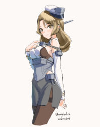 Rule 34 | 1girl, bare shoulders, black pantyhose, blonde hair, breasts, brown hair, cleavage, corset, cowboy shot, dated, detached collar, grey skirt, headgear, houston (kancolle), kangoku kou, kantai collection, large breasts, long sleeves, looking at viewer, military, military uniform, one-hour drawing challenge, pantyhose, pencil skirt, short hair, skirt, solo, thighband pantyhose, twitter username, uniform, yellow eyes