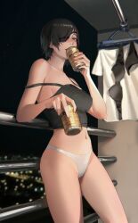 Rule 34 | 1girl, absurdres, against railing, alcohol, asahi breweries, balcony, bare arms, bare shoulders, beer, beer can, black camisole, black eyes, black hair, blush, breasts, camisole, can, chainsaw man, clothes hanger, cowboy shot, crop top, drink, drink can, drinking, eyepatch, hand up, highres, himeno (chainsaw man), holding, holding can, holding drink, large breasts, limart, looking at viewer, navel, night, night sky, no pants, panties, railing, short hair, sidelocks, sky, solo, stomach, strap slip, thighs, underwear, white panties