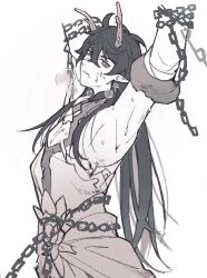 Rule 34 | 1boy, armpits, arms up, breath, chain, chained, cleavage cutout, clenched teeth, clothing cutout, collared shirt, cowboy shot, cropped arms, dan heng (honkai: star rail), dan heng (imbibitor lunae) (honkai: star rail), earrings, eyes visible through hair, greyscale, hair between eyes, highres, honkai: star rail, honkai (series), horns, injury, jewelry, lnchs2, long hair, looking at viewer, makeup, male focus, monochrome, pectoral cleavage, pectorals, pointy ears, restrained, shirt, simple background, sleeveless, sleeveless shirt, solo, sweat, teeth, torn clothes, very long hair, waist sash, white background