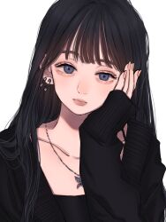 Rule 34 | 1girl, absurdres, aegyo sal, black hair, black sweater, blue eyes, closed mouth, collarbone, commentary request, earrings, eyelashes, hand on own face, highres, jewelry, long hair, looking at viewer, necklace, norimaki (seidan0611), original, pink nails, simple background, sleeves past wrists, solo, sweater, upper body, white background