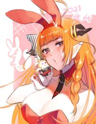 Rule 34 | 1girl, ahoge, alternate costume, alternate headwear, animal ears, bare shoulders, black necktie, blonde hair, blunt bangs, bow, braid, breasts, cleavage, collarbone, commentary, commentary request, dated, detached collar, diagonal-striped bow, dragon girl, dragon horns, easter, easter egg, egg, fake animal ears, hairband, hand up, highres, holding, holding egg, hololive, horn bow, horn ornament, horns, isuka, kiryu coco, large breasts, leotard, lips, long hair, looking at viewer, multicolored hair, necktie, orange hair, playboy bunny, pointy ears, print necktie, print neckwear, puckered lips, rabbit ears, red eyes, red hairband, red leotard, side braid, simple background, single braid, solo, strapless, strapless leotard, streaked hair, striped, striped bow, symbol-only commentary, upper body, virtual youtuber, wing collar, wrist cuffs