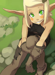 Rule 34 | 1girl, absurdres, blonde hair, blush stickers, cra (wakfu), elbow gloves, evangelyne (wakfu), freckles, from above, gloves, green eyes, grin, hair ornament, hairclip, highres, long pointy ears, looking up, pointy ears, short hair, sitting, sketch, smile, solo, thighhighs, wakfu, xaxaxa