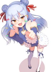 Rule 34 | 1boy, :d, absurdres, ajishio (loli king), bare shoulders, blue dress, blue hair, blush, china dress, chinese clothes, cleavage cutout, clothing cutout, detached sleeves, double bun, dress, fangs, frilled dress, frills, hair between eyes, hair bun, hair ribbon, hand on own hip, heart cutout, highres, index finger raised, inuyama tamaki, leaning forward, long hair, male focus, noripro, open mouth, pointing, pointing at viewer, red ribbon, ribbon, short dress, sleeveless, sleeveless dress, smile, thighhighs, trap, v-shaped eyebrows, virtual youtuber, white thighhighs, yellow eyes, zettai ryouiki