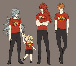 Rule 34 | 1girl, 3boys, :d, ^ ^, black footwear, black pants, black skirt, blonde hair, buster shirt, closed eyes, crossed arms, crossover, daenarys, diluc (genshin impact), closed eyes, fate/grand order, fate (series), genshin impact, grey hair, hand in pocket, highres, holding hands, klee (genshin impact), long hair, multiple boys, open mouth, orange hair, pants, pleated skirt, ponytail, razor (genshin impact), red eyes, red hair, red shirt, scar, scar on arm, shirt, shoes, short twintails, skirt, smile, symbol-only commentary, tartaglia (genshin impact), twintails, very long hair