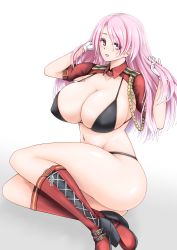 Rule 34 | 1girl, aiguillette, ass, bikini, black bikini, blush, boots, breasts, cleavage, covered erect nipples, gloves, gradient background, hands in hair, high heel boots, high heels, highres, huge breasts, kantai collection, knee boots, long hair, luigi di savoia duca degli abruzzi (kancolle), multicolored hair, open mouth, pink eyes, pink hair, red footwear, red hair, short sleeves, shrug (clothing), simple background, solo, sparkle, streaked hair, suke (share koube), swimsuit, white gloves