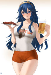 Rule 34 | 1girl, absurdres, alternate breast size, beer mug, blue eyes, blue hair, breasts, chicken (food), cleavage, cowboy shot, cup, fire emblem, fire emblem awakening, foam, food, hair between eyes, highres, holding, holding cup, holding plate, hooters, kataku musou, large breasts, long hair, lucina (fire emblem), mug, nintendo, orange shorts, parted lips, plate, short shorts, shorts, simple background, solo, tank top, thighs, tiara, wavy hair, white background, white tank top