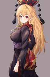 Rule 34 | 1girl, absurdres, black dress, blonde hair, breasts, chinese clothes, crescent, dress, highres, junko (touhou), large breasts, long hair, looking at viewer, orchid (orukido), phoenix crown, red eyes, simple background, solo, tabard, touhou, wide sleeves
