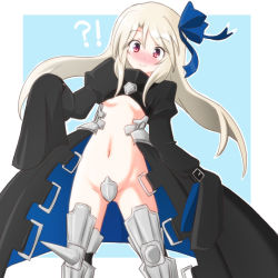 Rule 34 | 10s, 1girl, :&gt;, armor, armored boots, atair, blonde hair, blue ribbon, blush, boots, breasts, commentary request, cosplay, crotch plate, fate/extra, fate/extra ccc, fate/kaleid liner prisma illya, fate (series), hair ribbon, illyasviel von einzbern, juliet sleeves, leaning to the side, long hair, long sleeves, looking at viewer, meltryllis (fate), meltryllis (fate) (cosplay), navel, puffy sleeves, red eyes, revealing clothes, revision, ribbon, sleeves past wrists, small breasts, solo, standing, tears, underboob