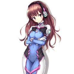 Rule 34 | 1girl, bad id, bad pixiv id, bodysuit, brown hair, closed mouth, covered navel, cowboy shot, crossed arms, d.va (overwatch), expressionless, eyelashes, facepaint, facial mark, gloves, head tilt, headphones, junior27016, long hair, overwatch, overwatch 1, red eyes, sketch, skin tight, solo, standing, tareme, whisker markings, white gloves