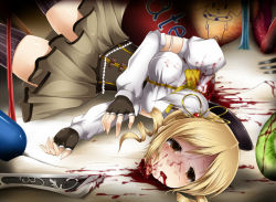 Rule 34 | 10s, 1girl, blonde hair, blood, blood on face, blood splatter, blood stain, breasts, death, decapitation, drill hair, empty eyes, fingerless gloves, gloves, gun, guro, hat, head, long hair, magical girl, mahou shoujo madoka magica, mahou shoujo madoka magica (anime), mami mogu mogu, murder, musket, open mouth, severed head, shimo (depthbomb), skindentation, skirt, solo, spoilers, thighhighs, tomoe mami, tomoe mami (magical girl), twintails, weapon, yellow eyes