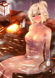 Rule 34 | 10s, 1girl, alcohol, alternate hairstyle, bath, bathing, blush, breasts, choko (cup), cleavage, collarbone, cup, dark-skinned female, dark skin, drink, female focus, floating breasts, floating tray, head tilt, kantai collection, large breasts, legs, looking at viewer, masago (rm-rf), masagomi, musashi (kancolle), navel, neck, nipples, no eyewear, nude, onsen, partially submerged, red eyes, sake, short hair, short ponytail, sitting, smile, solo, steam, submerged, tokkuri, tray, water, white hair