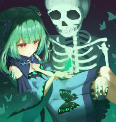 Rule 34 | 1girl, absurdres, blue dress, blue ribbon, blunt bangs, bug, butterfly, carrying, closed mouth, commentary request, detached collar, double bun, dress, feet out of frame, frilled dress, frills, green butterfly, green hair, hair bun, hair ornament, hair ribbon, hand on own chest, highres, hololive, insect, long sleeves, looking at animal, md5 mismatch, princess carry, red eyes, resolution mismatch, ribbon, short hair, skeleton, skull hair ornament, source smaller, uruha rushia, uruha rushia (1st costume), virtual youtuber, wuming xia