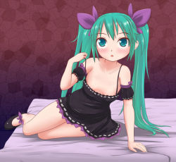 Rule 34 | 00s, 1girl, adjusting clothes, aqua eyes, aqua hair, arm support, blush, bow, breasts, cleavage, downblouse, hair bow, hatsune miku, long hair, looking at viewer, matching hair/eyes, n2m3, no bra, open mouth, small breasts, solo, twintails, vocaloid