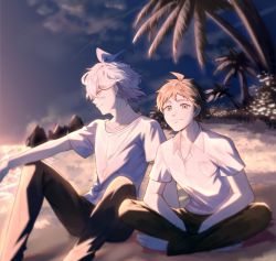 Rule 34 | 2boys, ahoge, barefoot, beach, black pants, blurry, breast pocket, brown eyes, brown hair, brown pants, closed mouth, collared shirt, commentary request, danganronpa (series), danganronpa 2: goodbye despair, day, depth of field, feet out of frame, hinata hajime, indian style, komaeda nagito, looking at viewer, male focus, meipoi, messy hair, multiple boys, on ground, outdoors, palm tree, pants, pocket, print shirt, sand, shirt, short hair, short sleeves, sitting, smile, striped clothes, striped shirt, tree, white shirt