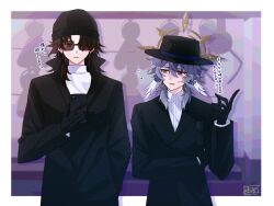 Rule 34 | 2boys, beanie, black coat, black gloves, black hat, blade (honkai: star rail), coat, fedora, gloves, grey hair, halo, hand up, hat, head wings, highres, honkai: star rail, honkai (series), long sleeves, looking to the side, male focus, mayoiniisan, medium hair, multiple boys, nervous smile, parted lips, red eyes, smile, sunday (honkai: star rail), sunglasses, sweat, sweater, translation request, upper body, white sweater, wings