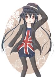 Rule 34 | 1girl, :d, bad id, bad pixiv id, black hair, black pantyhose, blush, brown eyes, casual, chm (macharge), dress, flag print, hand on headwear, hat, k-on!, long hair, nakano azusa, open mouth, pantyhose, smile, solo, sweater, sweater dress, twintails, union jack, very long hair