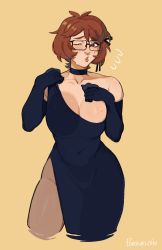 Rule 34 | 1girl, black choker, black dress, black gloves, borrowed character, breasts, brown eyes, brown hair, choker, cleavage, commentary, dress, elbow gloves, english commentary, glasses, gloves, highres, large breasts, original, pantyhose, porqueloin, skindentation, snowciel, solo, sweatdrop, yellow background