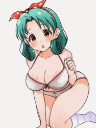 Rule 34 | 1girl, arm support, blush, bow, bow bra, bow panties, bra, breasts, brown eyes, cleavage, crotch seam, curly hair, green hair, grey background, grey bra, grey panties, hair ribbon, head tilt, idolmaster, idolmaster million live!, kneeling, lace, lace-trimmed bra, lace-trimmed panties, lace trim, large breasts, leaning forward, looking at viewer, open mouth, panties, parted bangs, petsuo (penpen), polka dot, polka dot bra, polka dot panties, purple socks, red ribbon, ribbon, skindentation, socks, solo, striped clothes, striped socks, tokugawa matsuri, underwear, underwear only