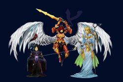 Rule 34 | 1boy, 2girls, angel, armor, black background, black eyes, black hair, blonde hair, blue background, blue eyes, breasts, cleavage, fantasy, gold, itou youichi, large breasts, long hair, magic, magician, multiple girls, original, red eyes, red hair, robe, smile, sword, weapon, wings