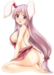 Rule 34 | 1girl, animal ears, apron, ass, bad id, bad pixiv id, bare arms, barefoot, blush, bottomless, breasts, commentary request, hair ornament, hair scrunchie, hisae (hisae collect), large breasts, long hair, looking at viewer, low-tied long hair, naked apron, nose blush, open mouth, pink apron, purple hair, rabbit ears, red eyes, red scrunchie, reisen udongein inaba, scrunchie, seiza, sideboob, simple background, sitting, solo, strap gap, thighs, touhou, very long hair, white background