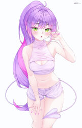 Rule 34 | 1girl, :o, absurdres, bare shoulders, breasts, cleavage, cleavage cutout, clothing cutout, colored inner hair, covered collarbone, crop top, green eyes, hand up, highres, hololive, leaning forward, long hair, looking at viewer, medium breasts, midriff, multicolored hair, navel, open mouth, pink hair, pink nails, ponytail, purple hair, purple shirt, purple shorts, shirt, short shorts, shorts, simple background, sleeveless, sleeveless shirt, solo, thigh gap, tokoyami towa, tsurime, very long hair, vini (frisco), virtual youtuber, white background
