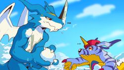 Rule 34 | digimon, digimon (creature), gabumon, hat, horns, looking at another, red eyes, snowball, wings, xv-mon