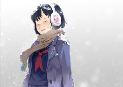 Rule 34 | 1girl, black hair, black serafuku, black shirt, blue coat, blush, brown scarf, coat, crying, crying with eyes open, earmuffs, gradient background, grey background, long sleeves, neckerchief, nose blush, open clothes, open coat, open mouth, original, red neckerchief, scarf, school uniform, serafuku, shirt, short hair, sinzan, snow on head, snowing, solo, streaming tears, tears, upper body, winter