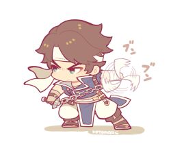 Rule 34 | 1boy, blue coat, brown footwear, brown hair, castlevania (series), chain, chibi, chibi only, closed mouth, coat, dagger, fighting stance, full body, headband, holding, holding weapon, knife, kotorai, male focus, motion lines, no nose, pants, richter belmont, sheath, sheathed, signature, solo, torn clothes, torn sleeves, twirling weapon, weapon, white background, white headband, white pants
