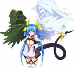 Rule 34 | 1girl, absurdres, anger vein, arc system works, arguing, bare shoulders, black thighhighs, blue hair, blush, breasts, detached sleeves, dizzy (guilty gear), guilty gear, hair ribbon, highres, large breasts, long hair, necro (guilty gear), open mouth, red eyes, ribbon, shiny skin, tail, tail grab, tail ornament, tail pull, tail ribbon, tears, thighhighs, un (le monde-alternatif), underboob, undine (guilty gear), wings
