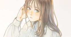 Rule 34 | 1girl, blouse, brown eyes, brown hair, closed mouth, commentary, hand on own head, highres, long bangs, long sleeves, looking away, looking to the side, matsunoha, original, shirt, simple background, solo, traditional media, upper body, white background, white shirt
