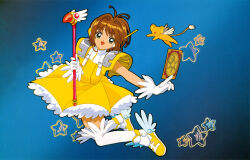 1girl absurdres artist_request blue_background brown_hair card cardcaptor_sakura child clow_card dress green_eyes happy highres holding holding_card kero_(cardcaptor_sakura) kinomoto_sakura magical_girl messy_hair official_art open_mouth short_hair star_(symbol) yellow_dress yellow_footwear