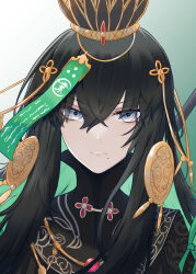 Rule 34 | 1girl, absurdres, black hair, china dress, chinese clothes, colored inner hair, crown, dress, green hair, grey eyes, hair between eyes, hair ornament, highres, jewelry, kongbai huanxiang, long hair, multicolored hair, parted lips, punishing: gray raven, qu: pavo (punishing: gray raven), qu (punishing: gray raven), sidelocks