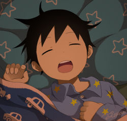 Rule 34 | 1boy, artist name, black hair, car, closed eyes, from above, lying, male focus, messy hair, motor vehicle, noeyebrow (mauve), on back, open mouth, original, pajamas, short hair, sleeping, solo, star (symbol), under covers, vehicle