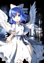 Rule 34 | absurdres, angel, angel wings, bad id, bad pixiv id, black ribbon, black sash, blue eyes, blue hair, bow, breasts, buttons, chisen maimai, cowboy shot, feathered wings, frilled skirt, frills, hair bow, highres, mai (touhou), mystic square, open mouth, puffy short sleeves, puffy sleeves, ribbon, sash, shirt, short hair, short sleeves, skirt, small breasts, solo, touhou, touhou (pc-98), white bow, white shirt, white skirt, white wings, wings