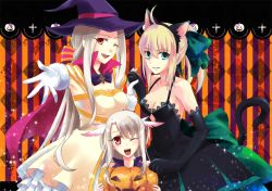 Rule 34 | 3girls, age difference, ahoge, alternate costume, artoria pendragon (all), artoria pendragon (fate), blonde hair, breasts, cleavage, dress, elbow gloves, fate/stay night, fate/zero, fate (series), gloves, green eyes, halloween, hat, illyasviel von einzbern, irisviel von einzbern, jack-o&#039;-lantern, long hair, mother and daughter, multiple girls, one eye closed, ponytail, pumpkin, purple hat, red eyes, saber (fate), white hair, wink, witch hat, yeichi