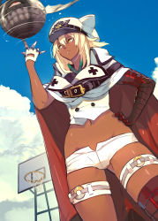 Rule 34 | 1girl, absurdres, bandages, bandaged arm, bandaged leg, bandages, basketball hoop, blonde hair, blue sky, cape, cloud, dark-skinned female, dark skin, gloves, guilty gear, hand on own hip, hat, hide (hideout), highres, long hair, midriff, navel, parted lips, ramlethal valentine, shorts, sky, thigh strap, white gloves, yellow eyes
