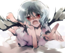 Rule 34 | 1girl, barefoot, bat wings, fangs, female focus, foreshortening, nokishita, open mouth, red eyes, remilia scarlet, solo, touhou, white background, wings