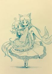 Rule 34 | 2girls, animal ears, arinu, carrying, carrying under arm, commentary, fins, fish tail, head fins, highres, imaizumi kagerou, long hair, mermaid, monochrome, monster girl, multiple girls, obi, princess carry, sash, short hair, smile, tail, touhou, wakasagihime, wolf ears, wolf tail, yuri
